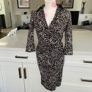Jacob 3/4 Slv Poly Blend Animal Print Wrap Dress Chocolate Brown + White Sz XS